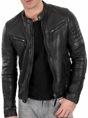 Buy New Men's Genuine Lambskin Leather Jacket Black Slim Fit Biker Jacket • 88.99£