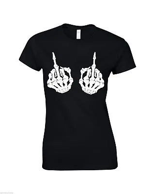 Buy MIDDLE FINGER Ladies Cap Sleeve Top Rude Joke Rock Goth Punk Boobs Bone T-shirt • 9.99£