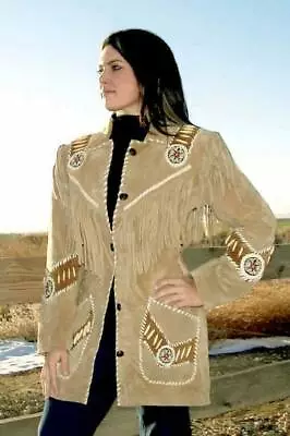 Buy Native American Women Cowgirl Western Leather Suede Jacket Fringes Bead & Tassel • 132.29£