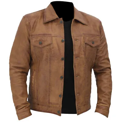 Buy Mens Trucker Jacket Denim Style Western Cowboy Leather Shirt Biker Wear • 79.55£