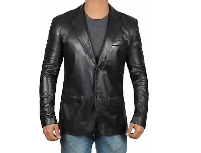 Buy Mens Genuine Lambskin Leather Blazer Jacket Coat Two Button Black Slim Fit Coat • 69.99£