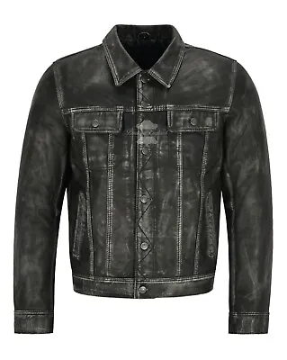 Buy Mens Truckers Real Leather Jacket Black Vintage Napa Classic Western Style 1280 • 149.69£