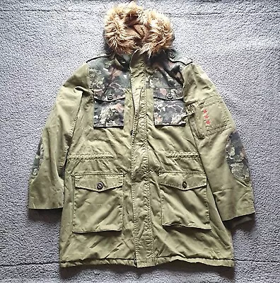 Buy Joe Browns Parka Jacket Mens XL Green Full Zip Fur Lined Hood Camo Army Winter • 39.87£