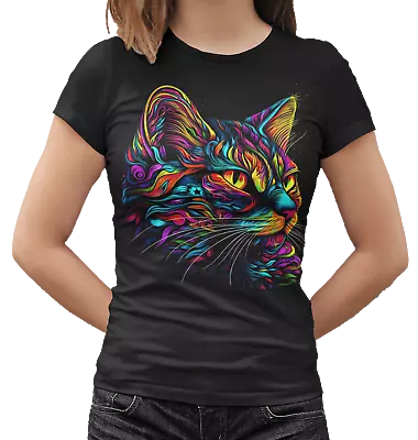 Buy Psychedelic Cat Line Art Women's T-Shirt Cool Feline Portrait Design Black Tee • 12.95£