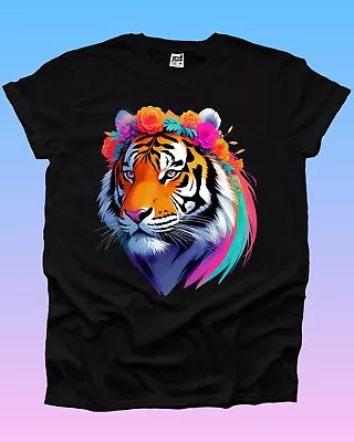 Buy Tiger Beautiful Garland Flowers Cat Wild Animal Lover Art Tshirt Men Woman UK • 10.99£