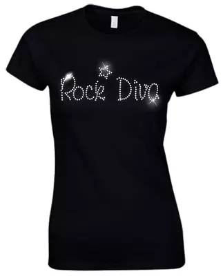 Buy ROCK DIVA - Crystal Ladies Fitted T Shirt - Rhinestone Diamante - (ANY SIZE) • 9.99£