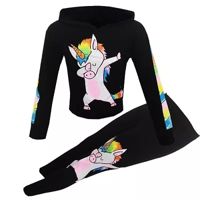 Buy NEW Girls Kids Unicorn Summer Outfit Hoody Top Leggings Black Tracksuit Age 5-13 • 11.99£
