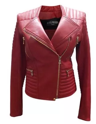 Buy Stunning BALMAIN Red Collarless Leather Biker Jacket.sz 38.barely Worn.£3200 • 599.99£