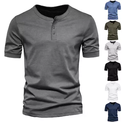 Buy Mens Henley T-shirt Plain Short Sleeve Grandad Neck Tops Casual Summer Blouse • 10.79£