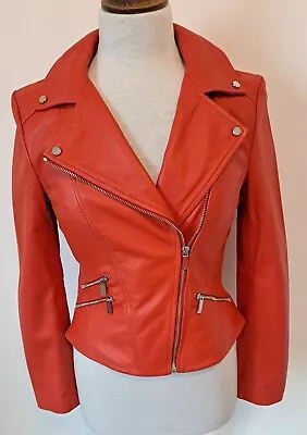 Buy KAREN MILLEN - Red 100% Real Leather Biker Style Zip Up Lined Jacket - Size 10 • 94.99£