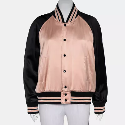 Buy Saint Laurent Paris Black & Pink Satin Button Front Bomber Jacket L • 1,473.64£