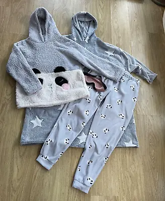Buy Cute Fleece Grey Panda Lounge Wear Pyjamas 12 14 & Free Size Hooded Blanket • 15.99£