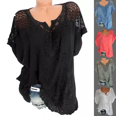 Buy Holiday Boho Floral Womens Blouse Top Loose Casual Lace V Neck T Shirt Size 6-24 • 9.79£