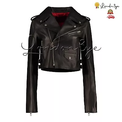 Buy Cropped Leather Motorcycle Jacket Womens, Black Biker Jacket For Women • 129.81£