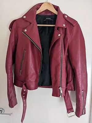 Buy Ladies Zara Faux Leather Burgundy/Red Motorbike Jacket Style Jack - Size M • 5£