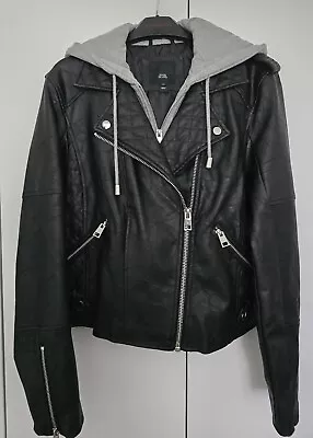 Buy River Island Black Faux Leather Jacket With An Attached Hoodie Size 14 • 21.99£