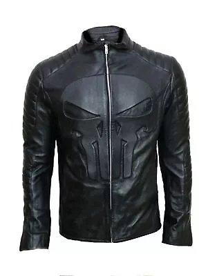 Buy Mens Real Leather Devil Skull Embossed Emblem Black Fashion Biker Jacket • 75.99£