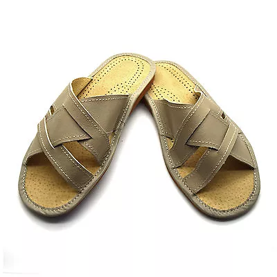 Buy Mens Leather Slippers Slip On Shoes Sandals Size 6 7 8 9 10 11 12 UK Beige • 7.99£