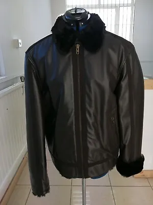 Buy Gents Pilot Jacket In Real Leather & Faux Fur Men Casual Brown Medium Top UK • 49.99£