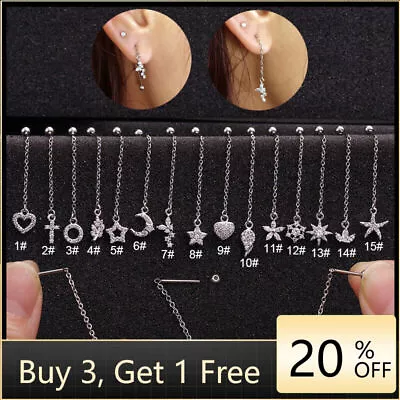 Buy Crystal Chain Dangle Earrings Tragus Helix Cartilage BAR Stud Screw On Jewellery • 3.32£