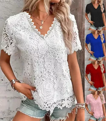 Buy Ladies Lace V Neck Blouse Shirts Short Sleeve Summer Tops Casual T-shirt Plus • 10.35£