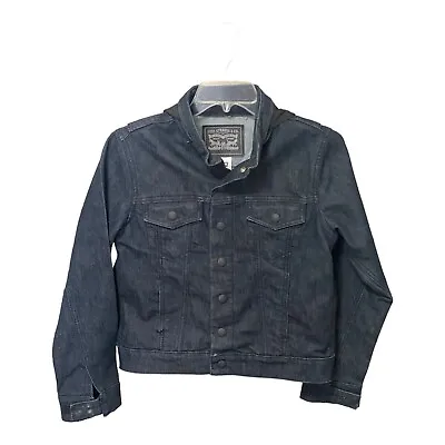 Buy Levis Trucker Jacket With Hide -a- Way Hoodie Size L Dark Blue Logo Snaps Women • 20.84£