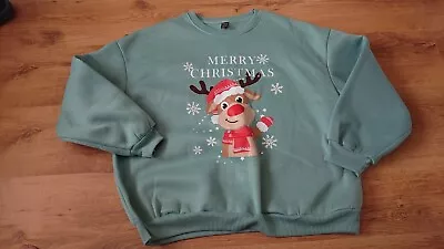 Buy Women's Green Shein Merry Christmas Reindeer Jumper Sweatshirt Size L Large • 1.99£