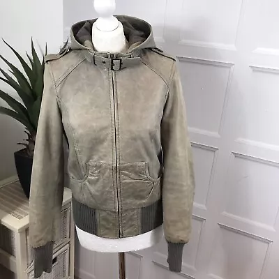 Buy Ladies Hallhuber Leather Jacket Chest 38in With Detachable Hood In Grey Green • 29£