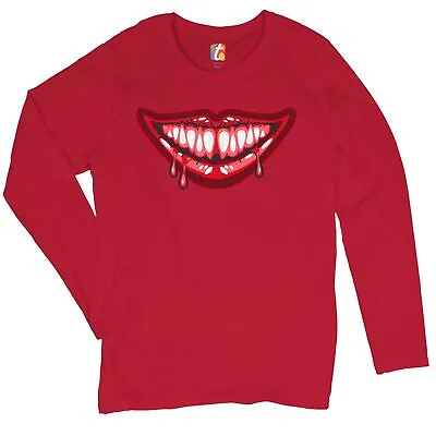Buy Bloody Smile Women's Long Sleeve T-shirt Scary Creepy Halloween Fangs • 28.37£