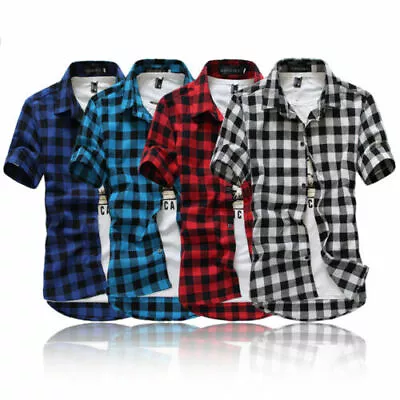 Buy Men's Check Shirt Flannel Brushed Short Sleeve Casual Top Summer Comfy T-Shirts • 13.34£