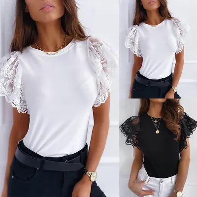 Buy Womens Short Sleeve Solid Round Neck Lace T Shirt Ladies Casual Blouse Tops Tees • 10.89£