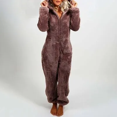 Buy Womens Teddy Bear Fluffy Fleece Hooded Jumpsuit 1Onesie Playsuit Pajamas Romper • 12.99£