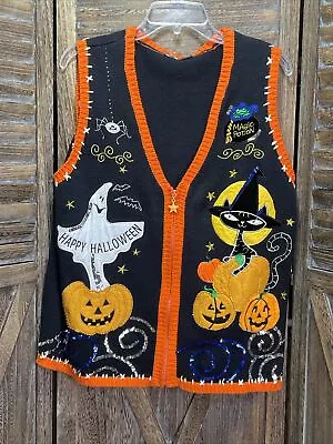 Buy Vintage Halloween Sweater Vest Womens Size XL Ghost Spider Black Cat Witch • 20.79£