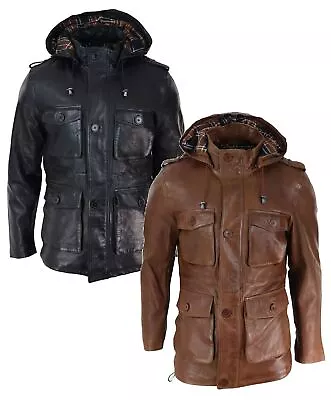Buy Mens 3/4 Long Real Leather Duffle Jacket Coat Safari Detachable Hood Military • 170.49£