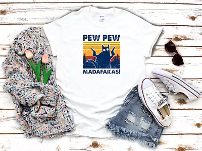 Buy Funny Pew Pew Madafakas Funny Cat White Women's 3/4 Short Sleeve T-Shirt F068 • 9.92£