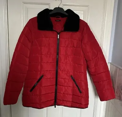 Buy Ladies Red Coat. 14. Roman. Black Faux Fur Collar. Hood. Quilted Anorak Jacket • 15£