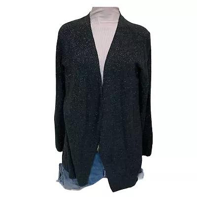 Buy Eileen Fisher Black Open Cardigan SMALL Metallic Silver Thread Wool Merino NEW • 139.86£