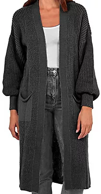 Buy Ladies Long Maxi Knitted Balloon Sleeve 2 Pocket Open Cardigan One Size 8-24 UK • 19.99£