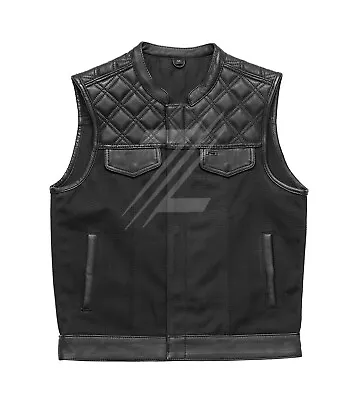 Buy Men's Canvas Cowhide Leather Vest Classic Diamond Quilted Motorcycle Bikers Vest • 153.45£