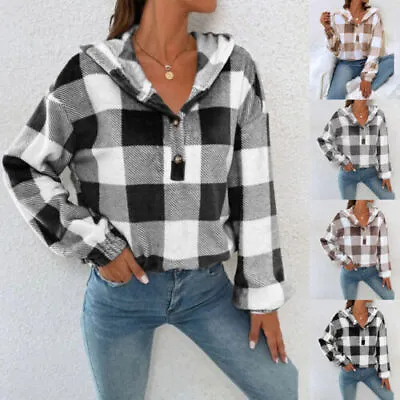 Buy Womens Plaid Check Hooded Hoodies Tartan Sweatshirt Long Sleeve Buttons Blouse • 9.49£