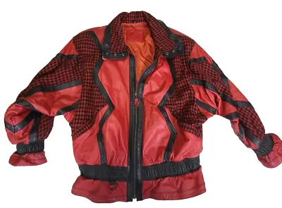 Buy Vintage Red And Black Leather And Houndstooth Print Leather Jacket Womens Medium • 188.05£