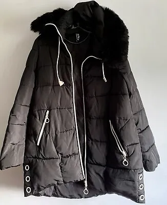 Buy Fly Luxury Black Quilted Long Sleeve Hoodie Fur Trim Winter Puffer Jacket Size:l • 69£