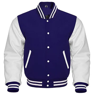 Buy Letterman Baseball Bomber Varsity Jacket Navy Blue Wool & White Leather Sleeves • 79.99£