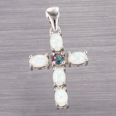 Buy White Fire Opal Mystic Topaz Latin Cross Silver Jewellery Pendant Necklace • 4.70£