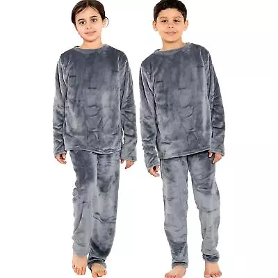 Buy Kids Boys Girls Charcoal Warm Fleece Pyjamas Sleepover 2 Piece Gift Set 5-13 Yrs • 14.99£