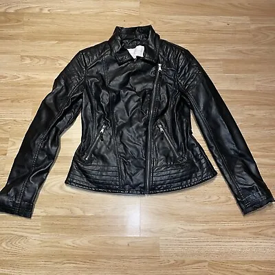 Buy Ladies Black Leather Biker Style Jacket Medium Zip Front Pockets Faux Leather • 14.99£