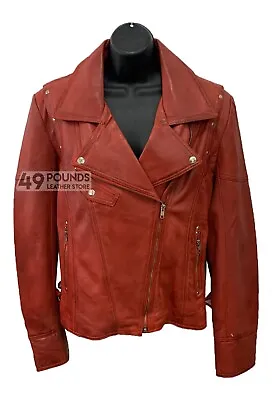 Buy Ladies Red Biker Style Leather Jacket Designer Retro Real Soft Napa Jacket • 41.65£