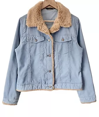 Buy Boden Corduroy Fur Jacket - Size 12 - Baby Blue Faux Collar Cord Denim Casual • 44.95£