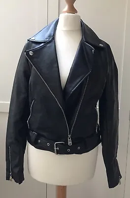 Buy Ladies Black Faux-Leather Look Belted Zip-Up Biker Jacket By New Look, UK Size 8 • 18.99£