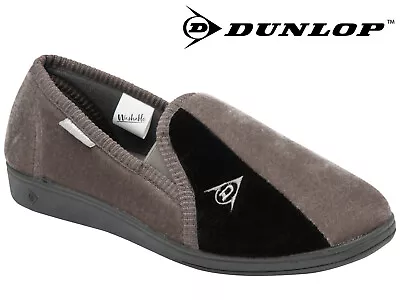 Buy Mens Dunlop Full Slippers Velour Two-Tone Twin Gusset Comfy Warm Grey / Black • 13.99£